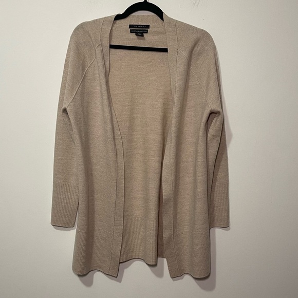 Tahari Women’s Beige Open Front Cardigan Sweater L 100% Extrafine Merino Wool - Picture 1 of 7